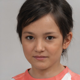 Joyful white child female with medium  brown hair and brown eyes