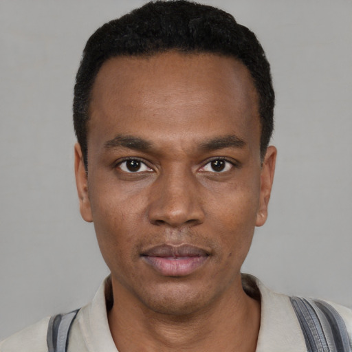 Neutral black young-adult male with short  black hair and brown eyes