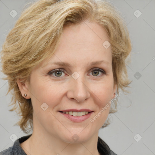 Joyful white adult female with medium  brown hair and blue eyes