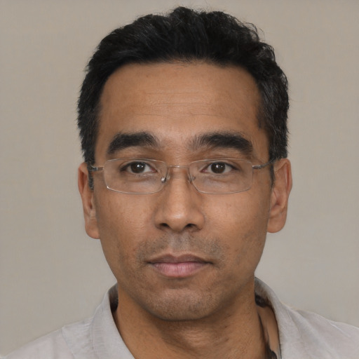 Neutral asian adult male with short  black hair and brown eyes