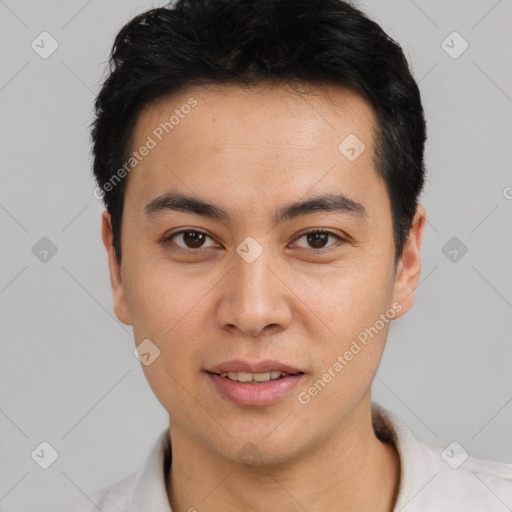 Joyful latino young-adult male with short  black hair and brown eyes