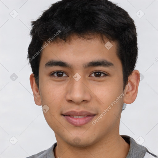 Joyful latino young-adult male with short  black hair and brown eyes