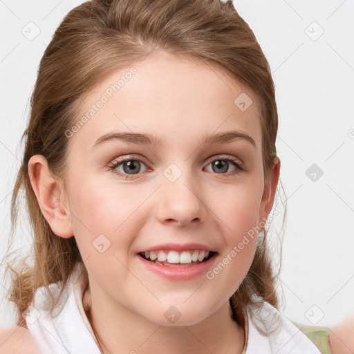 Joyful white child female with medium  brown hair and blue eyes