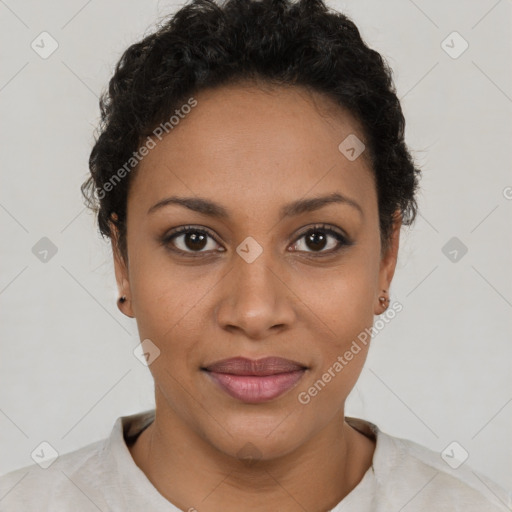 Joyful latino young-adult female with short  brown hair and brown eyes