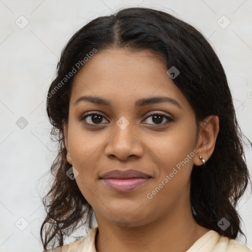 Joyful latino young-adult female with medium  brown hair and brown eyes