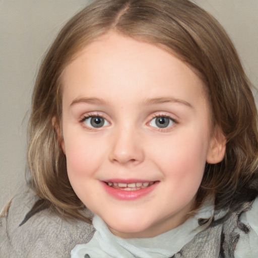 Joyful white child female with medium  brown hair and blue eyes