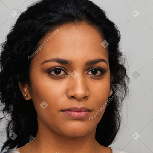 Joyful latino young-adult female with long  black hair and brown eyes