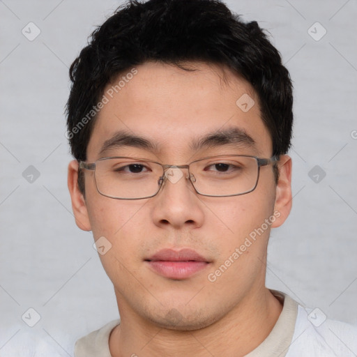 Neutral asian young-adult male with short  brown hair and brown eyes