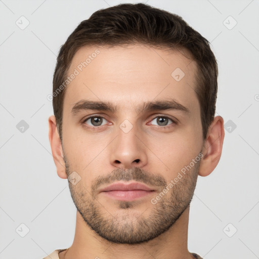 Neutral white young-adult male with short  brown hair and brown eyes