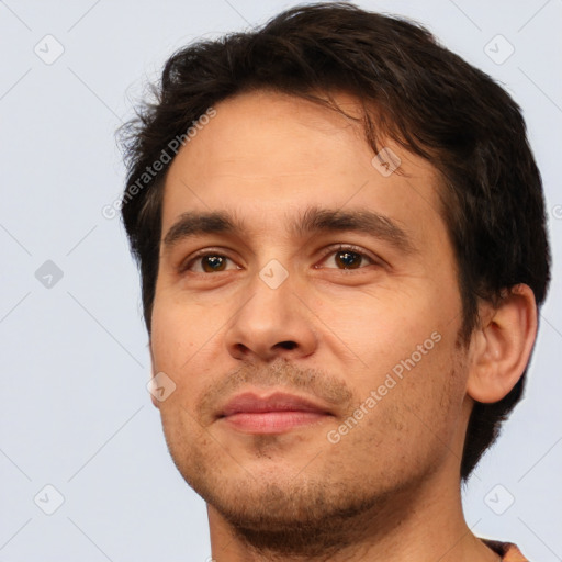 Joyful white young-adult male with short  brown hair and brown eyes