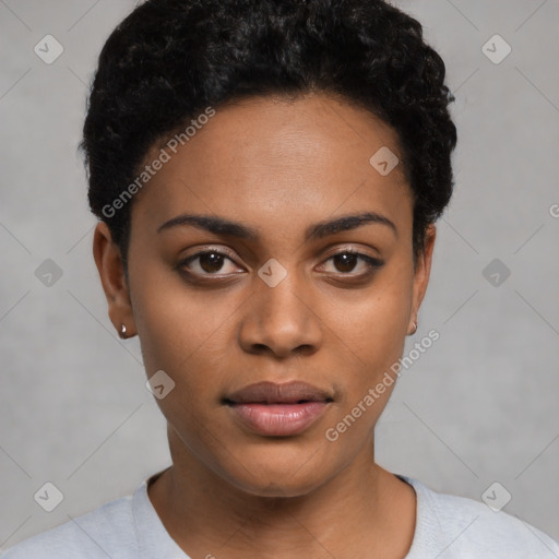 Neutral latino young-adult female with short  black hair and brown eyes