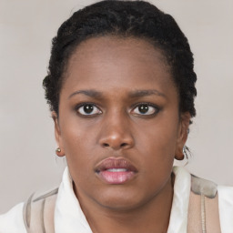 Neutral black young-adult female with short  brown hair and brown eyes