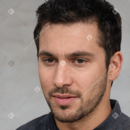 Neutral white young-adult male with short  brown hair and brown eyes