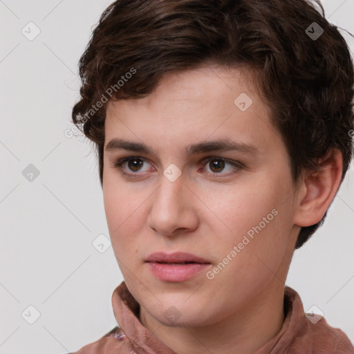 Neutral white young-adult female with short  brown hair and brown eyes