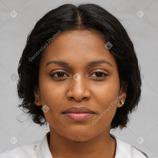 Joyful black young-adult female with medium  brown hair and brown eyes