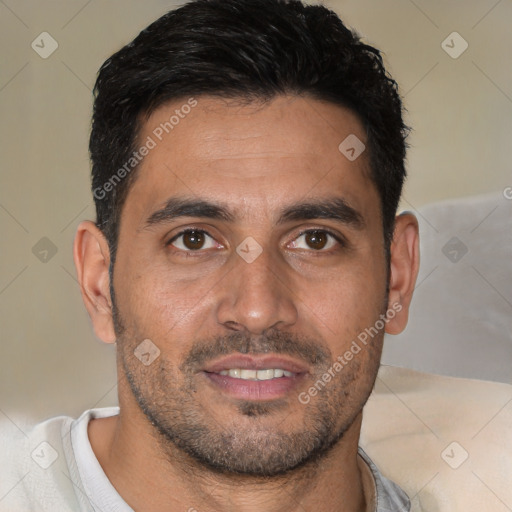 Joyful white young-adult male with short  black hair and brown eyes