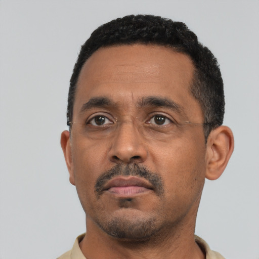 Neutral black adult male with short  black hair and brown eyes