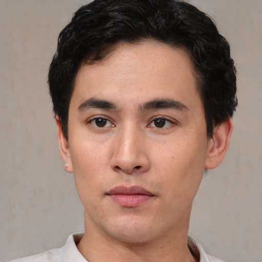 Neutral asian young-adult male with short  brown hair and brown eyes