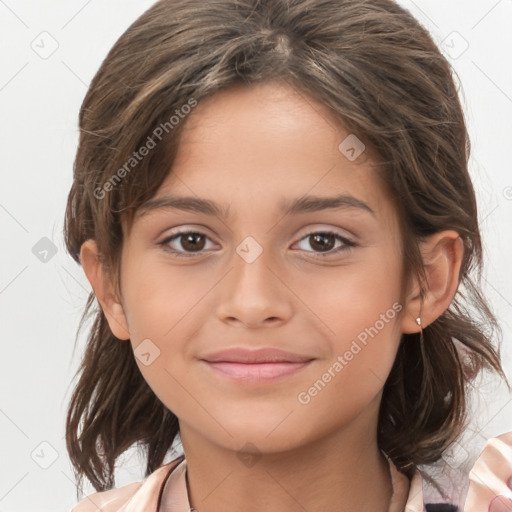 Joyful white child female with medium  brown hair and brown eyes