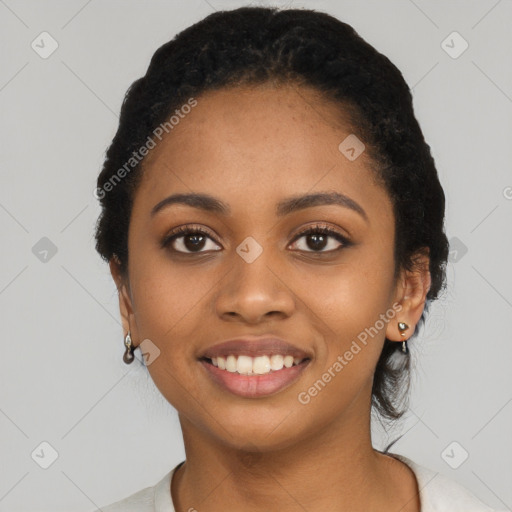 Joyful latino young-adult female with short  black hair and brown eyes