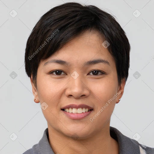 Joyful asian young-adult female with short  brown hair and brown eyes