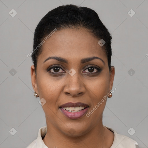 Joyful latino young-adult female with short  black hair and brown eyes