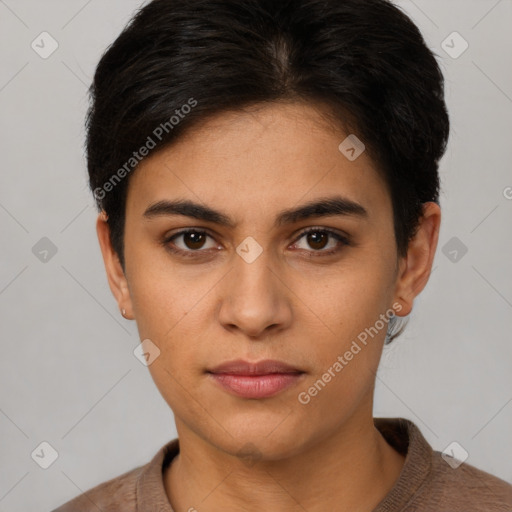 Neutral latino young-adult female with short  brown hair and brown eyes