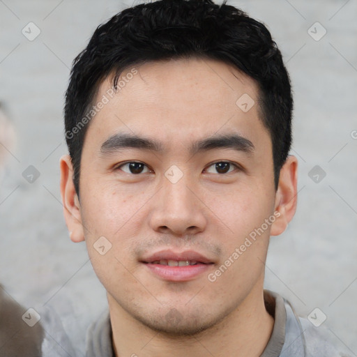 Neutral asian young-adult male with short  black hair and brown eyes