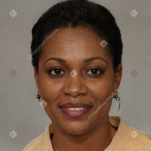 Joyful black adult female with short  black hair and brown eyes