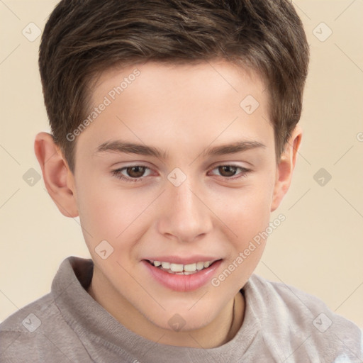 Joyful white child male with short  brown hair and brown eyes