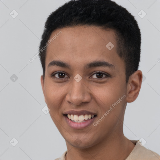 Joyful latino young-adult female with short  brown hair and brown eyes