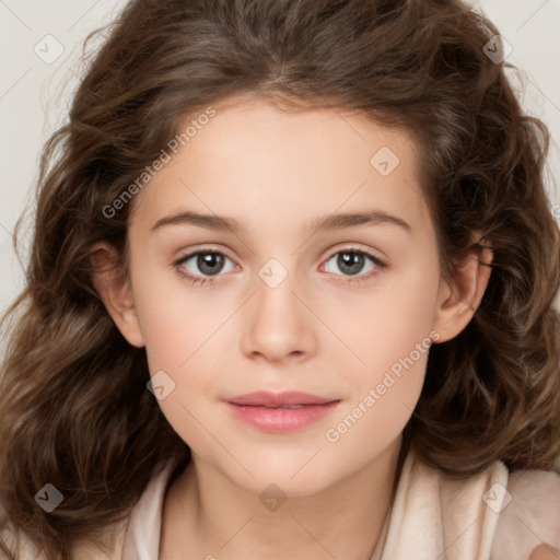 Joyful white child female with long  brown hair and brown eyes