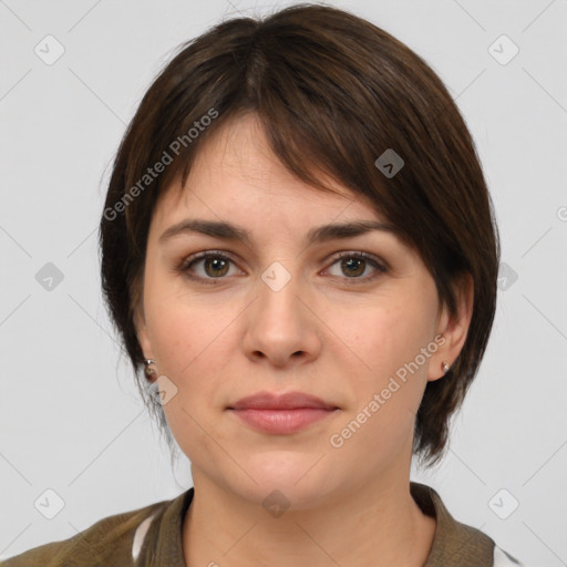 Neutral white young-adult female with medium  brown hair and brown eyes