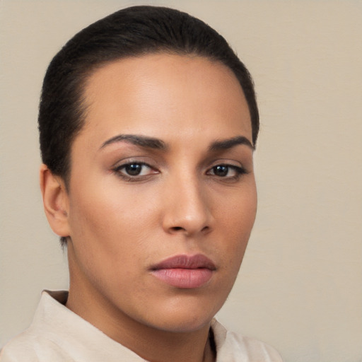 Neutral white young-adult female with short  brown hair and brown eyes