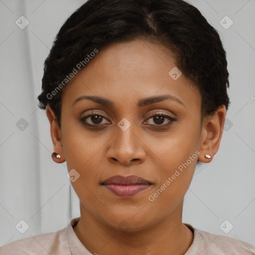 Joyful latino young-adult female with short  brown hair and brown eyes