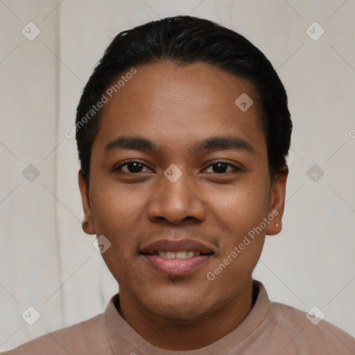 Joyful latino young-adult male with short  black hair and brown eyes