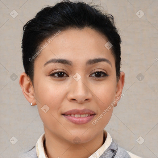 Joyful asian young-adult female with short  brown hair and brown eyes