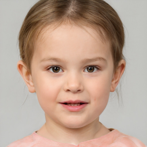 Joyful white child female with medium  brown hair and brown eyes