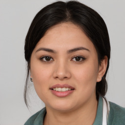 Joyful white young-adult female with medium  brown hair and brown eyes