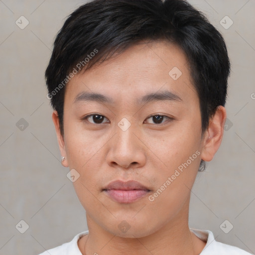 Neutral asian young-adult male with short  brown hair and brown eyes