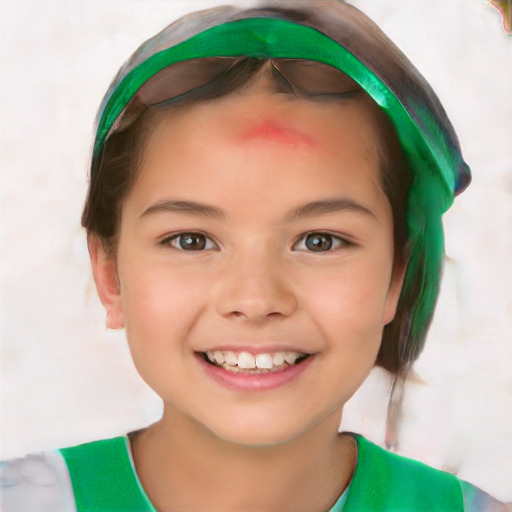 Joyful white child female with short  brown hair and brown eyes