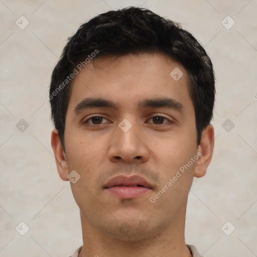 Neutral asian young-adult male with short  black hair and brown eyes