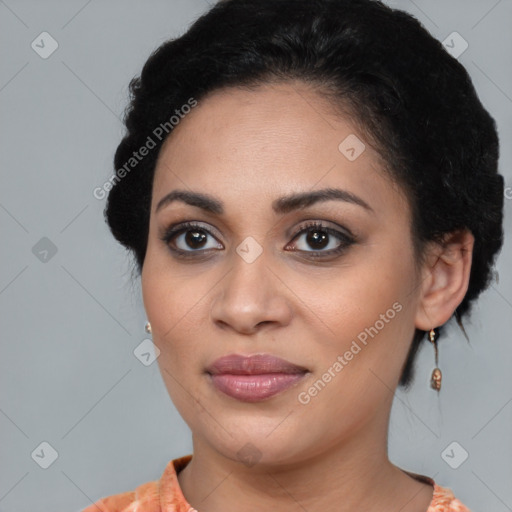 Joyful latino young-adult female with medium  brown hair and brown eyes