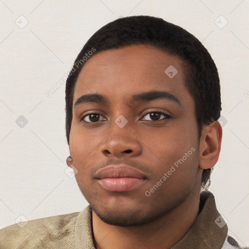 Neutral black young-adult male with short  black hair and brown eyes