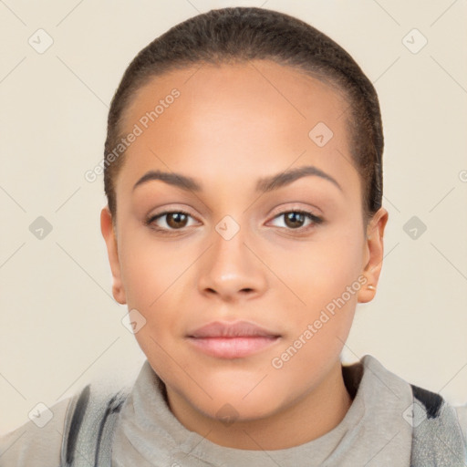 Neutral white young-adult female with short  brown hair and brown eyes