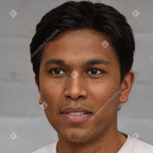 Joyful asian young-adult male with short  black hair and brown eyes