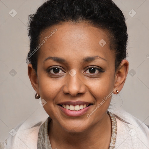 Joyful black young-adult female with short  brown hair and brown eyes