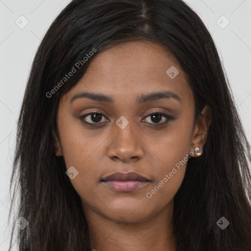 Joyful asian young-adult female with long  brown hair and brown eyes