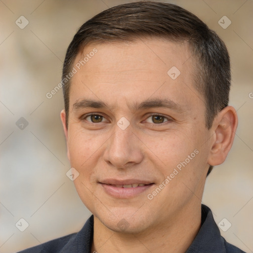 Joyful white adult male with short  brown hair and brown eyes