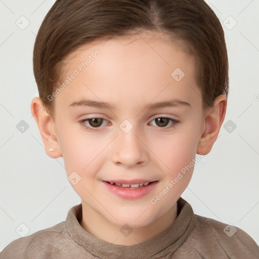 Joyful white child female with short  brown hair and brown eyes